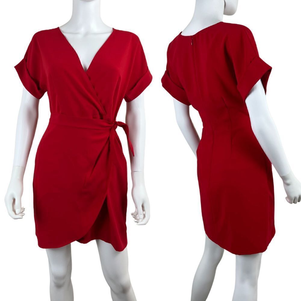 Amanda Uprichard Womens Size S Red Manolo Fuax Wrap Tie Short Sleeve Mini Dress